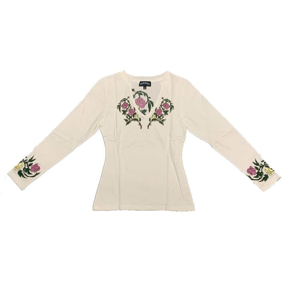 TTE V-Neck Long Sleeve Shirt Rose Embroidery